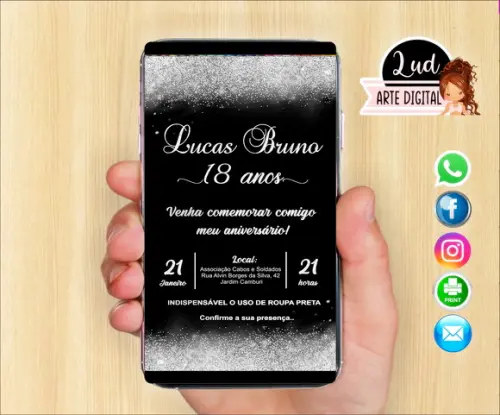 Convite Digital Adulto Preto e Prata