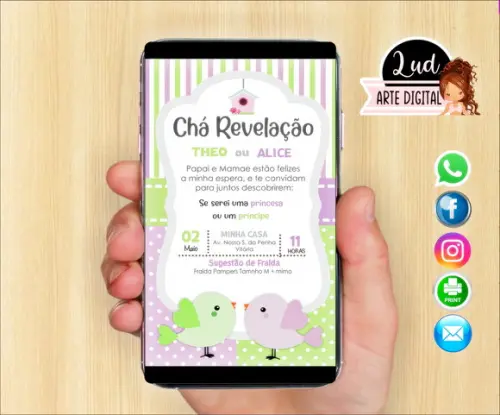 Convite Digital Chá Revelação passarinhos Lilás e Verde