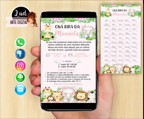 Convite Chá Rifa + Cartela de Sugestão de Presente P/ 50