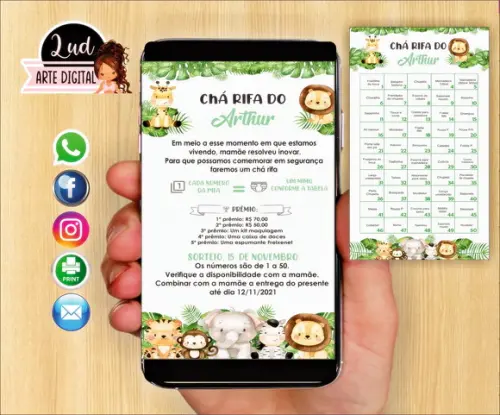 Convite Chá Rifa + Cartela de Sugestão de Presente P/ 50