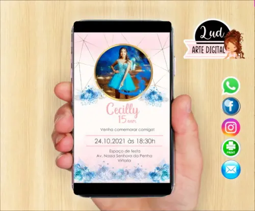 Convite Digital com foto 15 anos Rosa e Azul