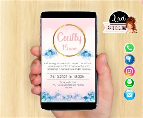 Convite Digital 15 anos Rosa e azul