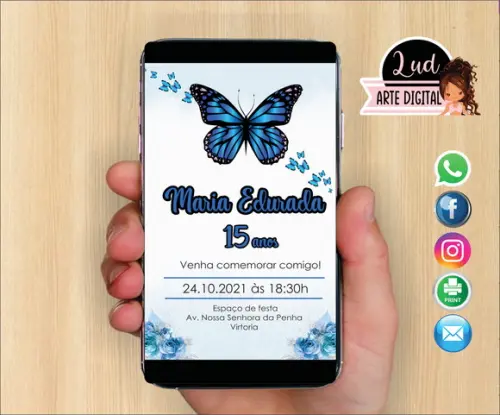 Convite Digital 15 anos borboleta azul