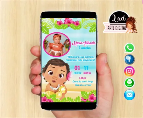 Convite Digital com foto Moana Baby