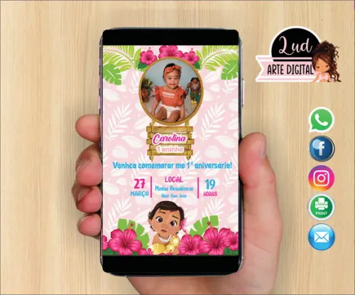 Convite Digital com foto Moana Baby