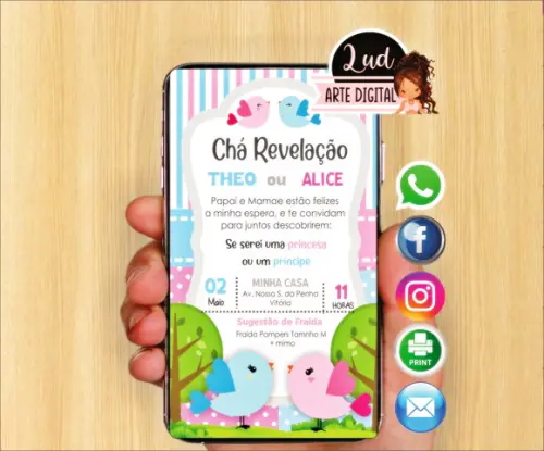 Convite Digital Chá Revelação passarinhos