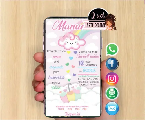 Convite Digital Chá de Fralda nuvem menina