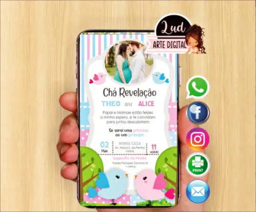 Convite Digital Com foto Chá Revelação passarinhos