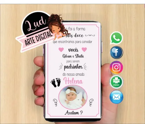 Convite Digital com foto Padrinhos de Batismo menina