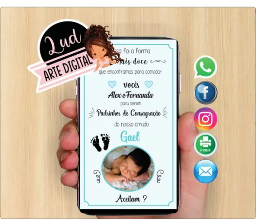 Convite Digital COM FOTO Padrinhos de Batismo Menina