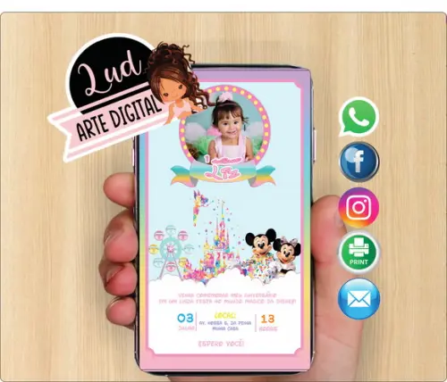 Convite Digital com foto mundo disney menina