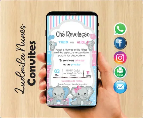 Convite Digital chá Revelação Elefantinhos