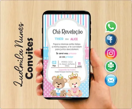 Convite Digital chá Revelação ursinhos
