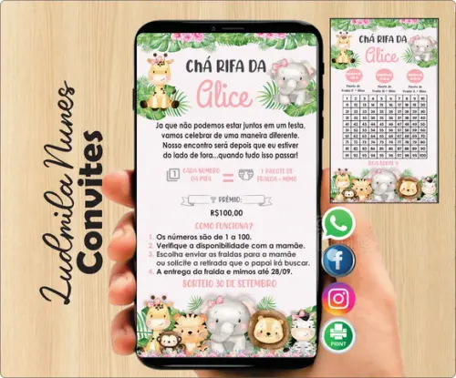 Convite Digital Chá Rifa safari menina + cartela
