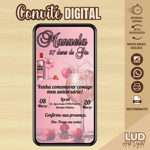 Convite Digital Adulto Gin Rosa