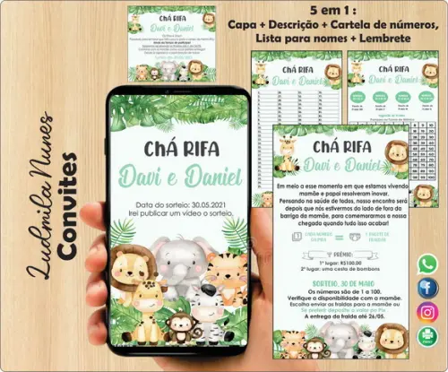 Convite Digital Chá Rifa safari gêmeos - 5 em 1