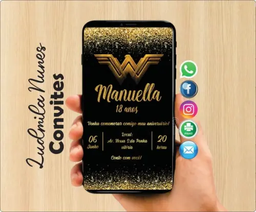 Convite Digital Adulto Mulher maravilha preto e dourado