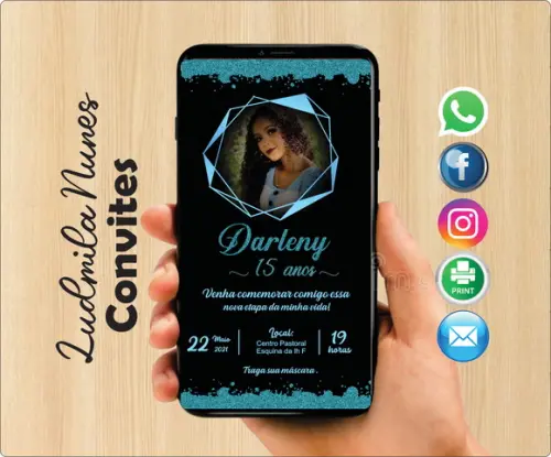 Convite Digital com foto 15 anos azul serenity e preto