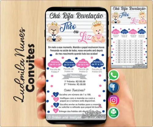 Convite Digital Chá Rifa Revelação ursinhos + Cartela
