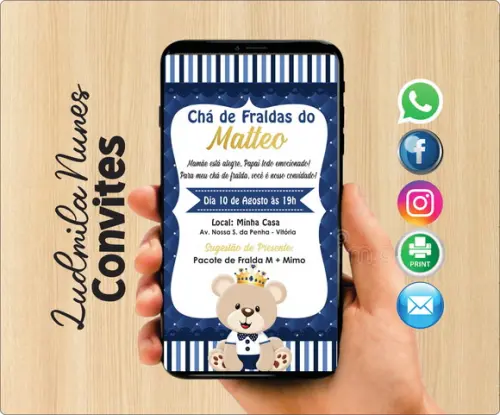 Convite Digital Chá de Fralda ursinho azul marinho