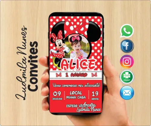 Convite Digital com foto Minnie vermelha