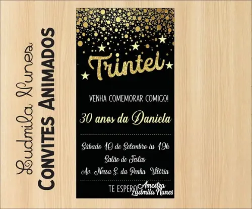 Convite Digital Adulto preto e dourado 30 anos