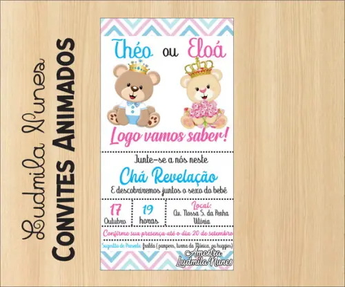 Convite Digital chá Revelação ursinhos