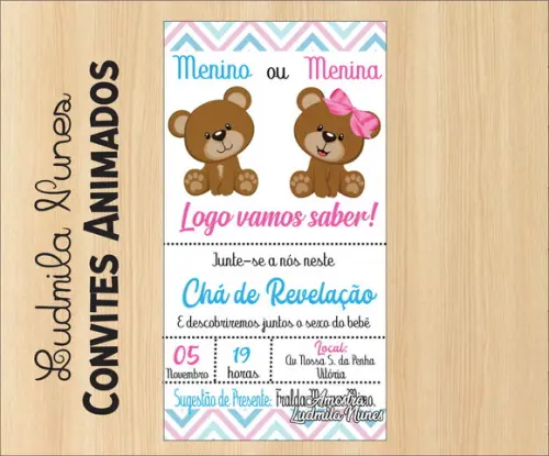 Convite Digital chá Revelação ursinhos