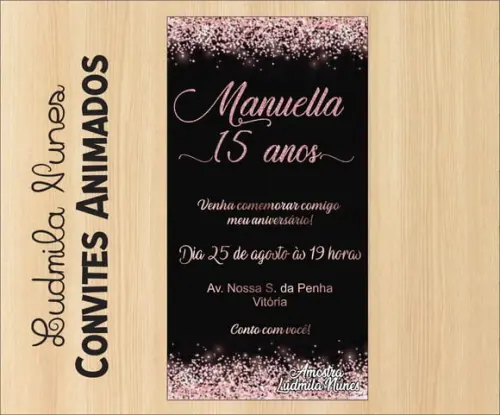 Convite Digital 15 Anos Rosa Gold e Preto