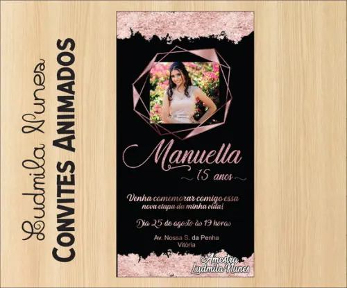 Convite Digital com foto 15 anos Rosa Gold e preto