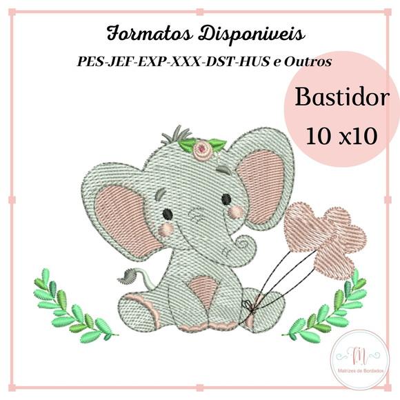 Matriz Bordado Elefanta com Balões e Ramagem