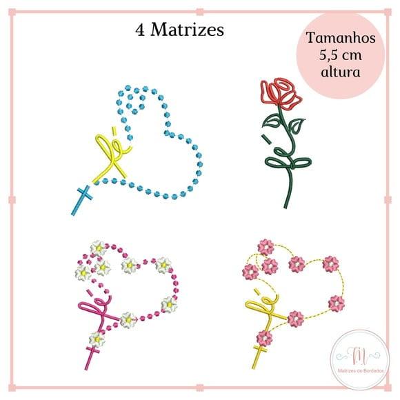 Matriz de Bordado - 4 Mini Matrizes Terço e Rosa Fé