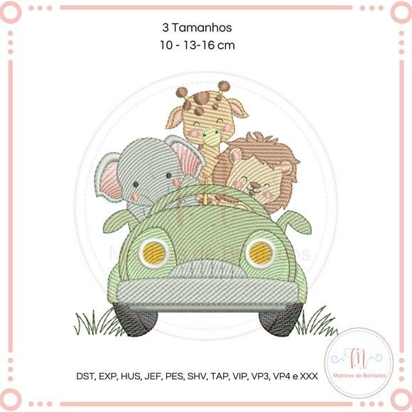 Matriz de Bordado Leão, Girafa e Elefante no Carro (safari)