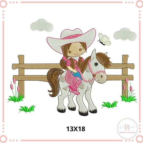 Matriz de Bordado Menina CowGirl no Cercado