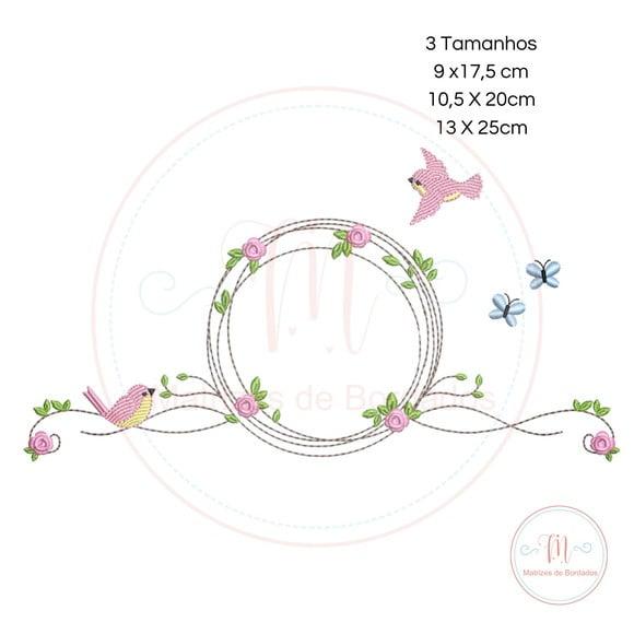 Matriz de Bordado Moldura de Rosa e Pássaros