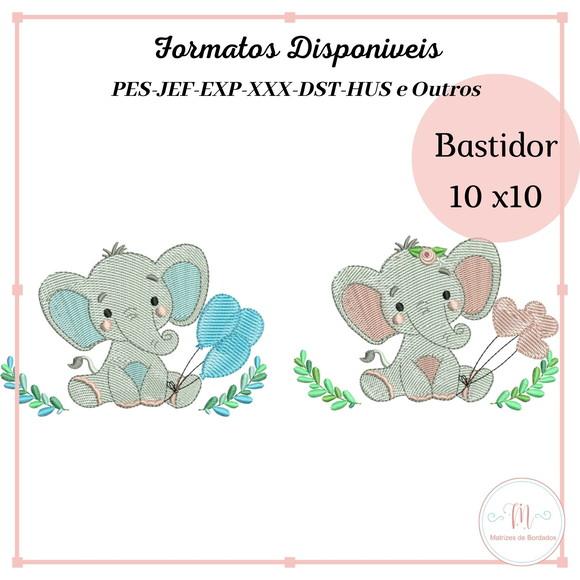 Matrizes de Bordados Elefantes com Balões e Ramagem