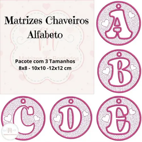 Matriz Bordado Alfabeto Aplique Chaveiro Redondo com Coração