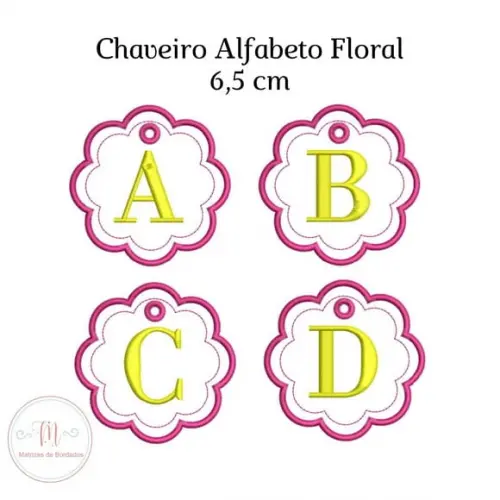 Matriz Bordado Chaveiro Floral Alfabeto e Numeral Aplique