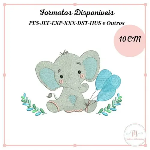 Matriz Bordado Elefante com Balões e Ramagem