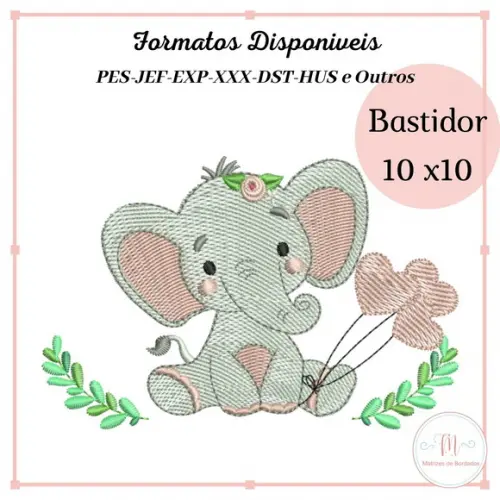 Matriz Bordado Elefanta com Balões e Ramagem