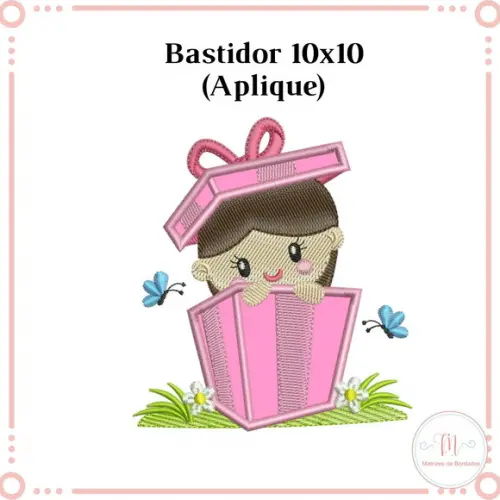 Matriz Bordado Menina em Caixa de Presente (Aplique)