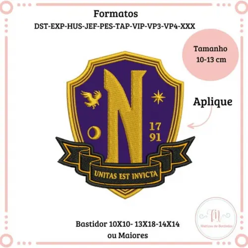 Matriz de Bordado Brasão Escola Nunca Mais-wandinha (aplique
