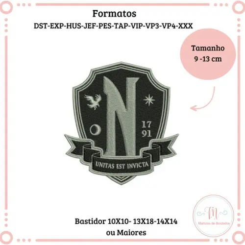 Matriz de Bordado Brasão Escola Nunca Mais - Wandinha