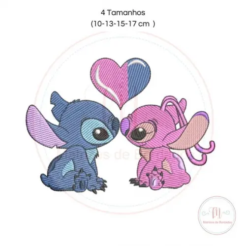 Matriz de Bordado Casal Stitch e Angel com Coração