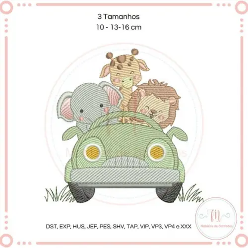 Matriz de Bordado Leão, Girafa e Elefante no Carro (safari)