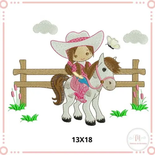 Matriz de Bordado Menina CowGirl no Cercado
