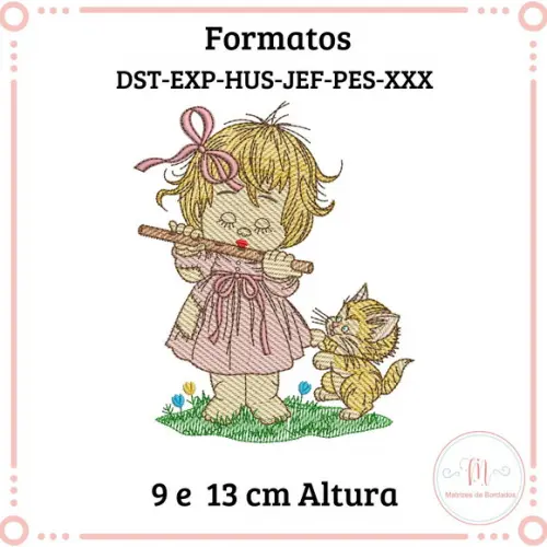 Matriz de Bordado Menina com Flauta e Gatinho