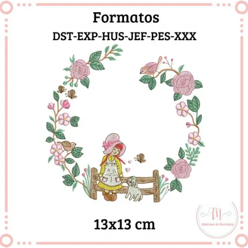 Matriz de Bordado Moldura Menina com Flores