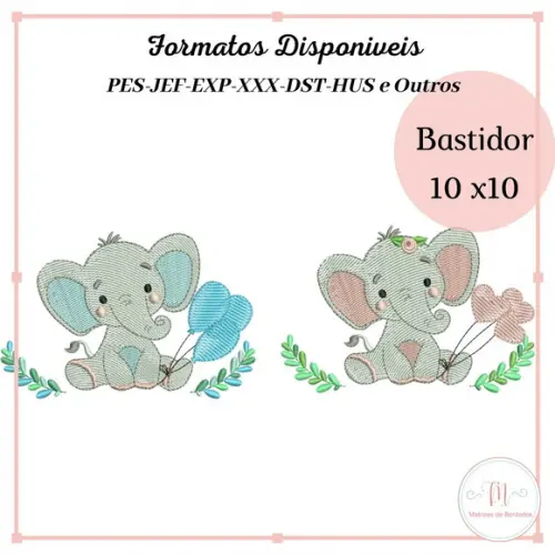 Matrizes de Bordados Elefantes com Balões e Ramagem