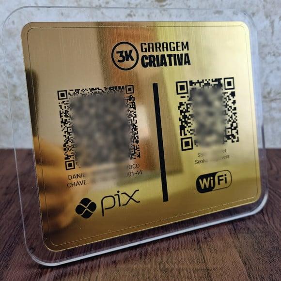 Placa 2 Qr Codes Aço Escovado Luxo Pix Instagram Wifi Logo
